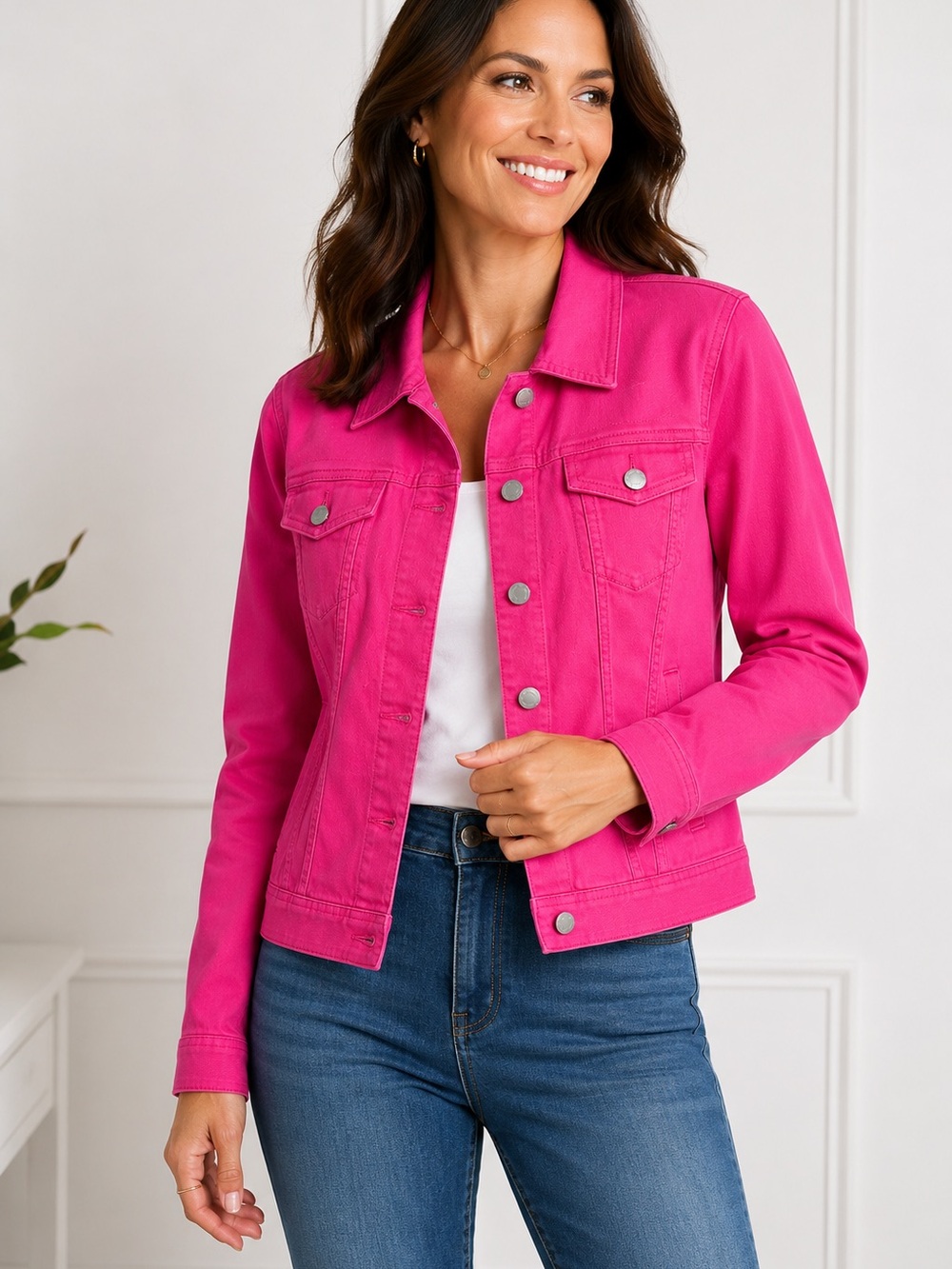 Talbots Large Hot Pink Stretch Denim Trucker Jacket Cotton Lyocell Button Front